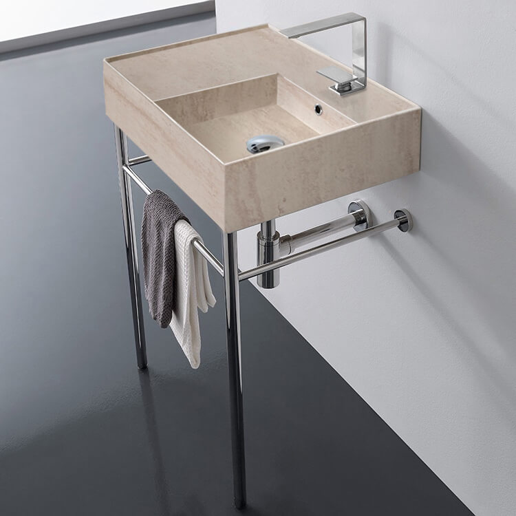 Scarabeo 5117-E-CON-One Hole Beige Travertine Design Ceramic Console Sink and Polished Chrome Stand
